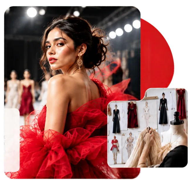 Model in a red gown on a fashion runway beside a wall of design sketches
