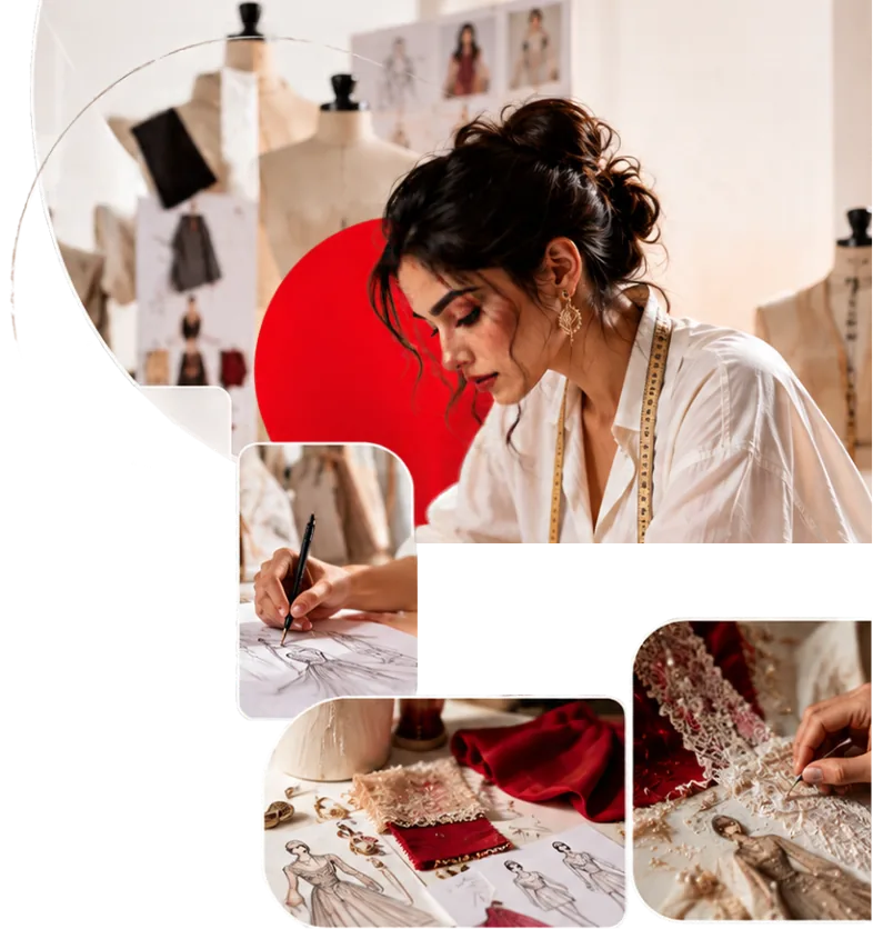 Student sketching a fashion design among mannequins and fabrics
