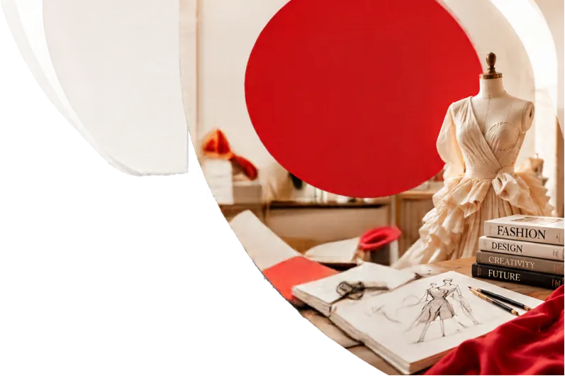 Mannequin draped in cream fabric beside fashion books and sketches